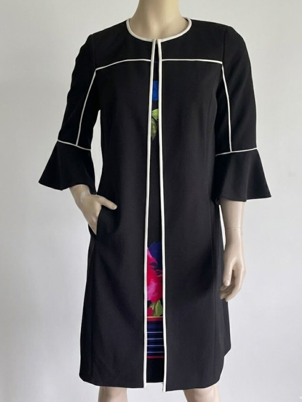 Calvin Klein Oversized Bell Sleeve Long Line Pocketed Jacket Topper Sz 4/6-8